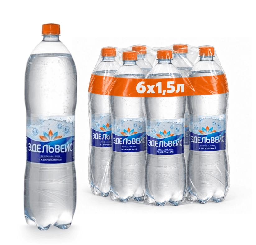 Вода Эдельвейс 1,5 литра, газ, пэт, 6 шт.